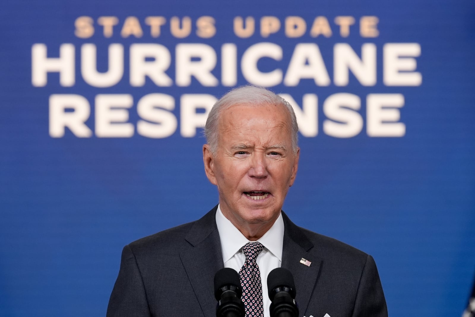 President Joe Biden speaks and gives an update on the impact and the ongoing response to Hurricane Milton, in the South Court Auditorium on the White House complex in Washington, Thursday, Oct. 10, 2024. (AP Photo/Susan Walsh)