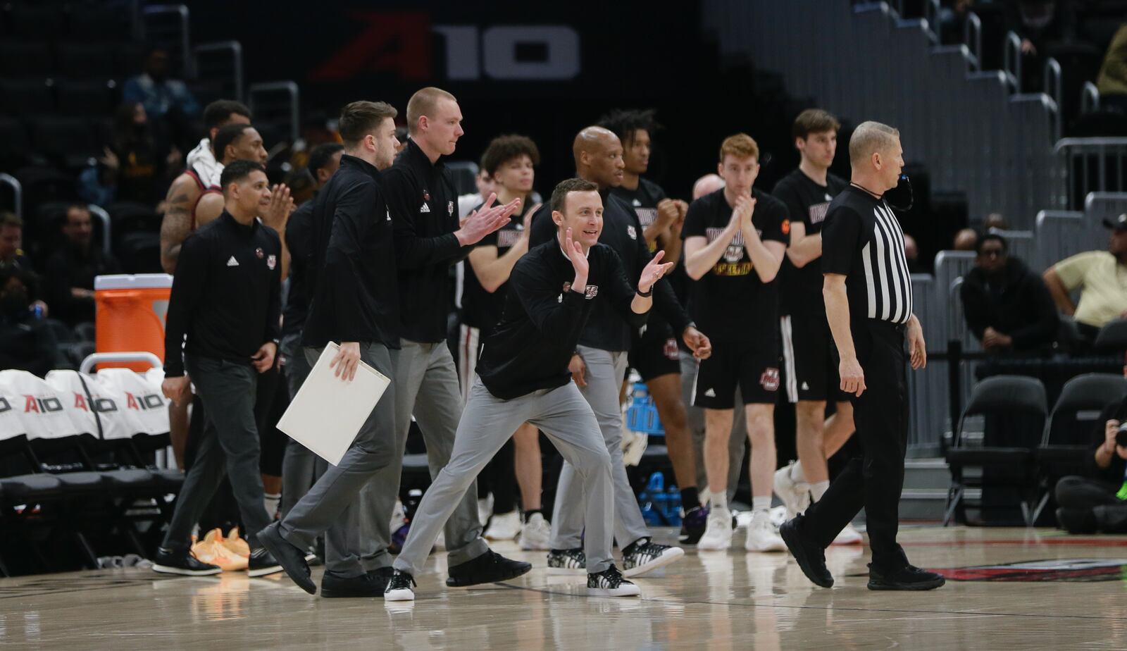 Massachusetts coach Matt McCall reacts to a play during a game against Dayton in the second half in the Atlantic 10 Conference quarterfinals on Friday, March 11, 2022, at Capital One Arena in Washington, D.C. David Jablonski/Staff