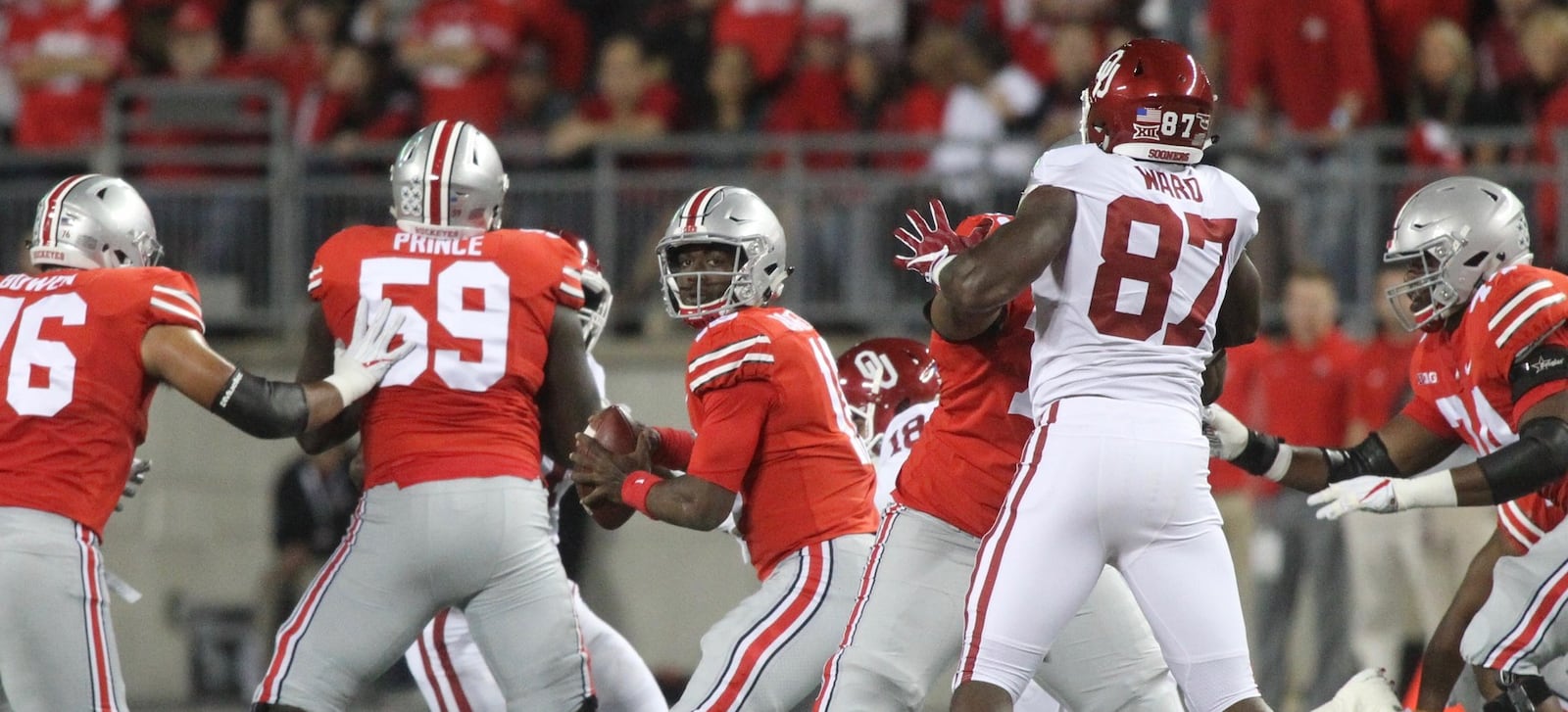 Ohio State’s J.T. Barrett prepares to pass against Oklahoma on Saturday, Sept. 9, 2017, at Ohio Stadium in Columbus. David Jablonski/Staff