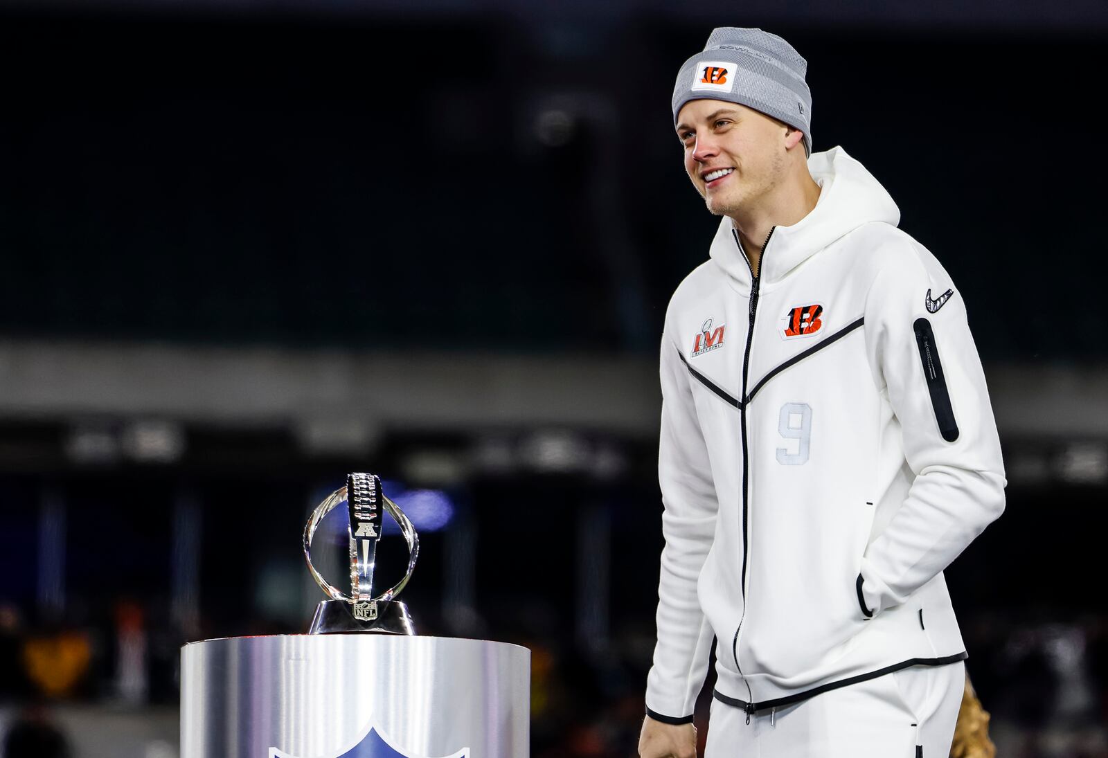 Cincinnati Bengals quarterback Joe Burrow speaks to the crowd during the Super Bowl LVI Opening Night Fan Rally presented by Gatorade Monday, Feb. 7, 2022 at Paul Brown Stadium in Cincinnati. NICK GRAHAM/STAFF