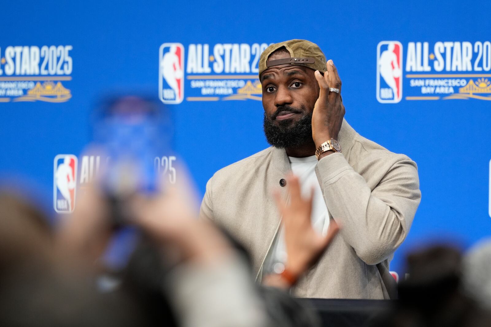 Los Angeles Lakers forward LeBron James fields questions during a press conference before the NBA basketball All-Star game Sunday, Feb. 16, 2025, in San Francisco. (AP Photo/Godofredo A. Vásquez)