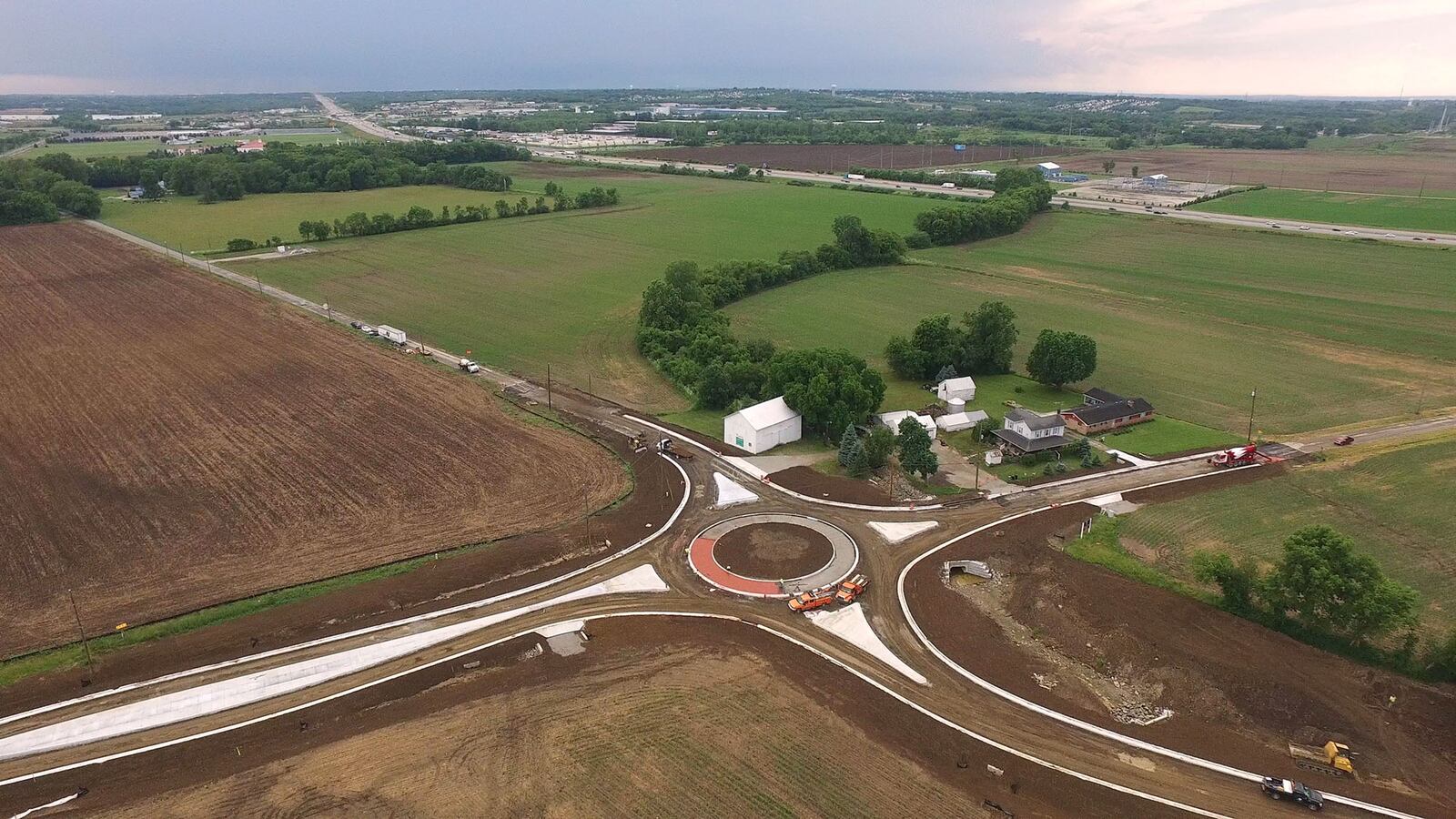 Roundabout under construction at Greentree and Union Roads intersection in Warren County.  Stop-sign intersections with high or climbing crash rates are getting priority in the county which will see more roundabouts in Clearcreek, Trutlecreek, Deerfield and Wayne Townships in the coming year.   TY GREENLEES / STAFF