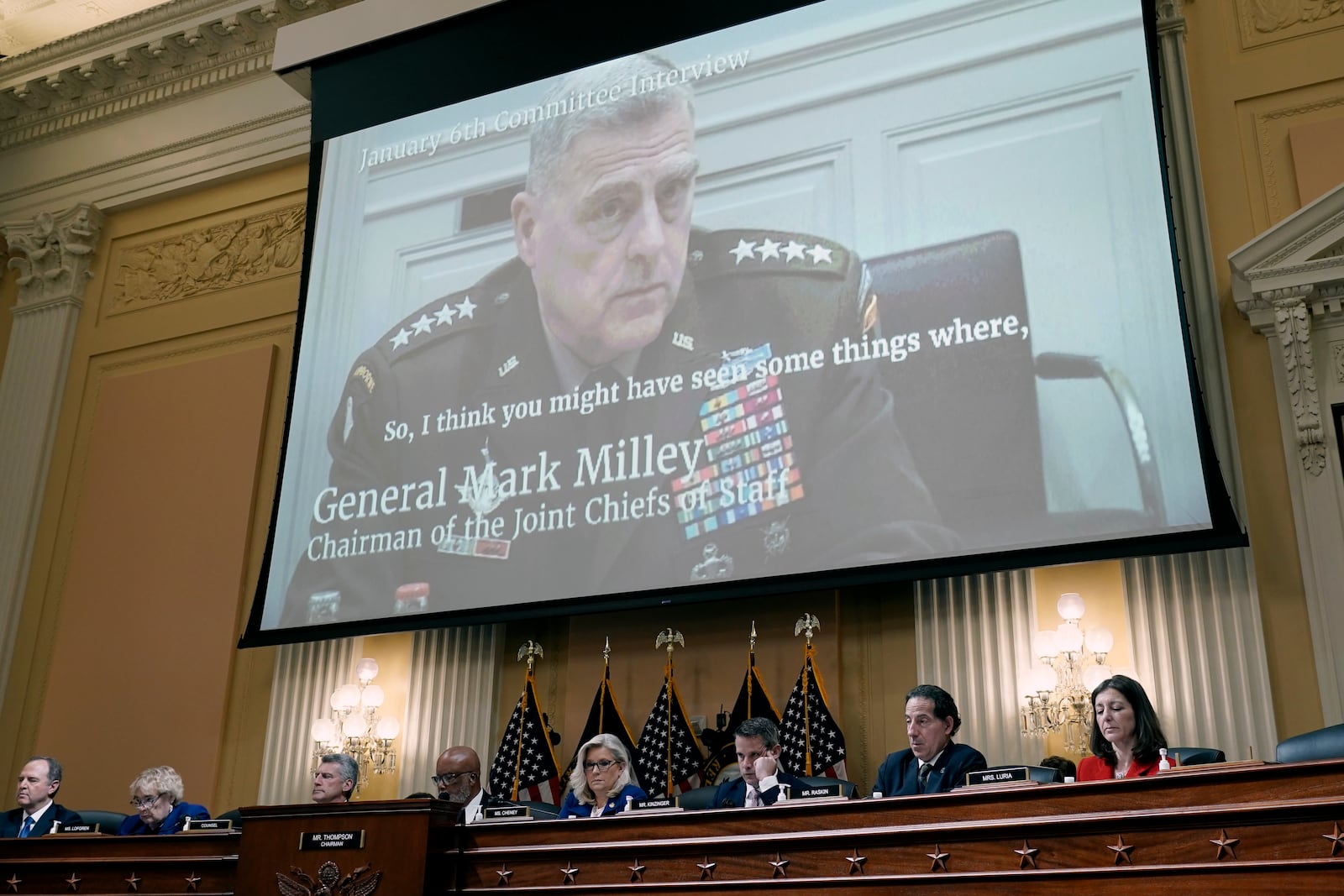 FILE - A video of Chairman of the U.S. Joint Chiefs of Staff, Gen. Mark Milley is shown as the House select committee investigating the Jan. 6 attack on the U.S. Capitol holds a hearing, on Capitol Hill in Washington, Oct. 13, 2022. (AP Photo/J. Scott Applewhite, File)