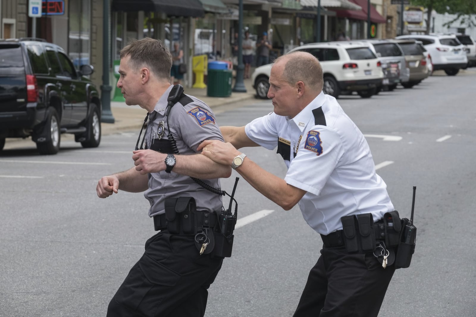 Sam Rockwell (left) and Woody Harrelson in a scene from “Three Billboards Outside Ebbing, Missouri.” On Sunday it is up for seven Oscars, including best picture. Some critics claimed the film problematically redeems a racist character, played by Rockwell, the likely recipient of the best supporting actor prize.Merrick Morton / Fox Searchlight via AP