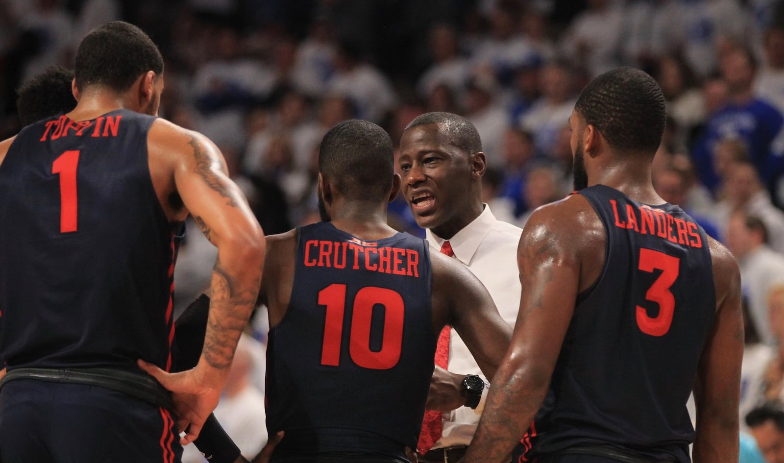 Dayton’s Anthony Grant talks to the team during a timeout against Saint Louis on Friday, Jan. 17, 2020, at Chaifetz Arena in St. Louis, Mo. David Jablonski/Staff