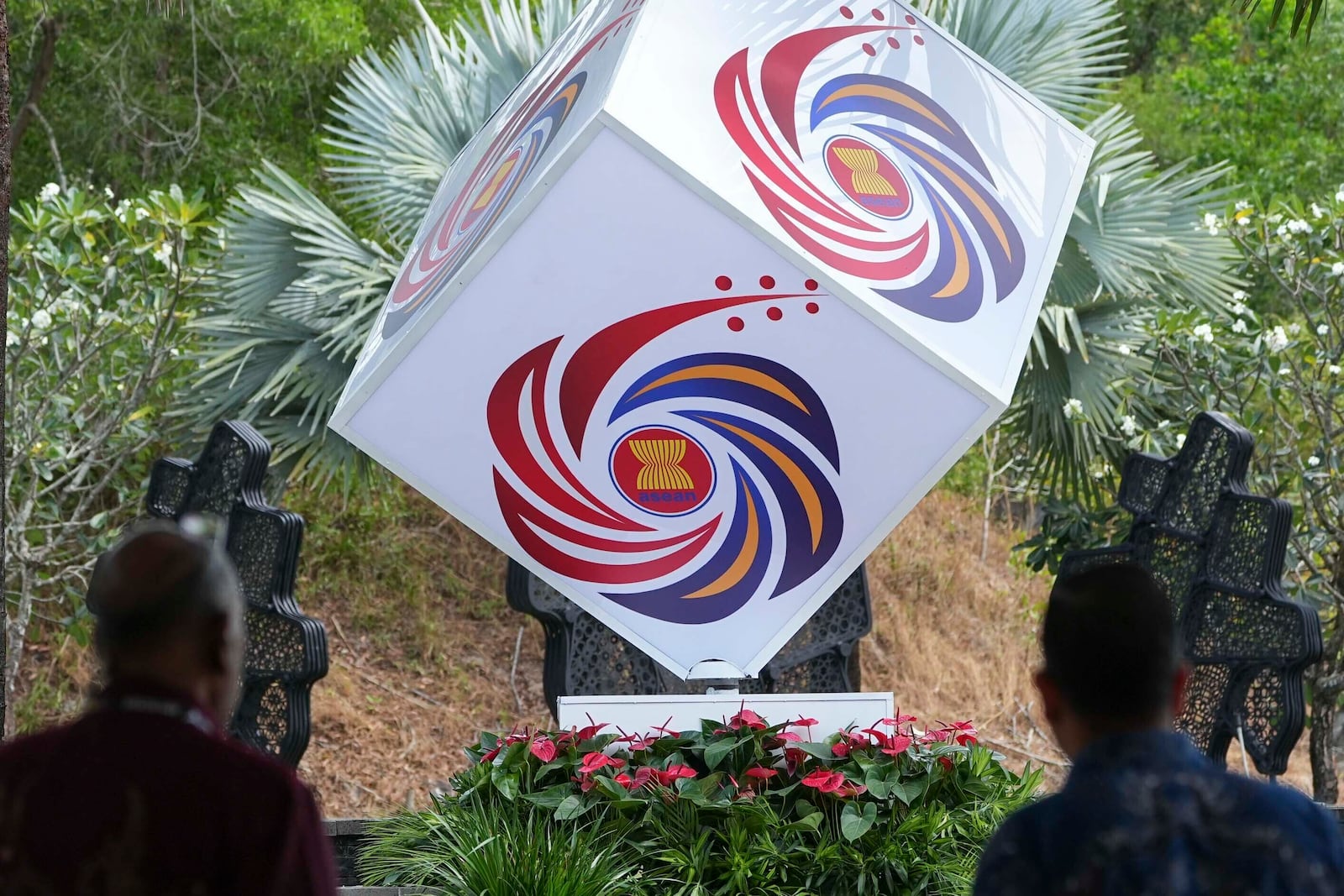 The logo of the Association of Southeast Asian Nations (ASEAN) displayed at a hotel where the ASEAN Foreign Ministers' Retreat (AMM) is taking place in Langkawi, Malaysia, on Saturday, January 18, 2025. (AP Photo/Azneal Ishak)