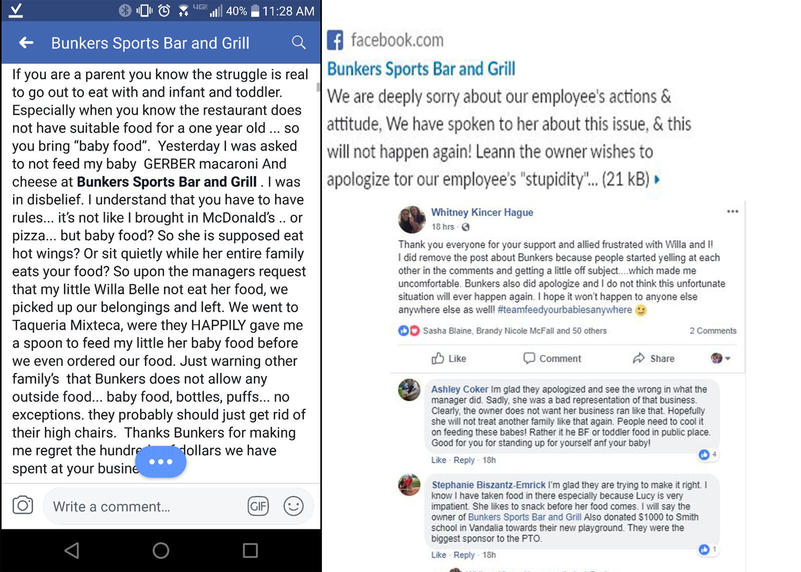 Facebook posts related to the Gerber Mac and cheese incident at Bunkers Sports Bar and Grill. Vandalia resident Whitney Hague's original post is seen on the left. A portion of Bunkers response to the incident is top right. The bottom right post was added after Bunkers' apologized.  Hague's original post and the one from Bunkers were removed. The lower post has also seemingly been removed.