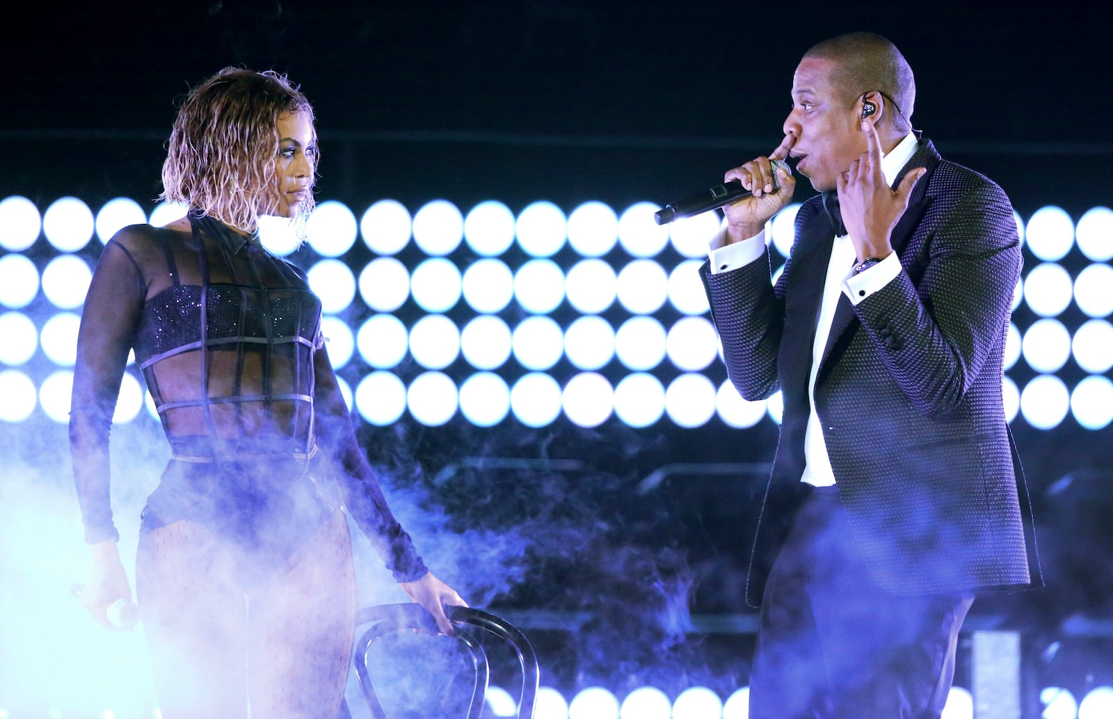 FILE - Beyonce, left, and Jay Z perform "Drunk in Love" at the 56th annual Grammy Awards in Los Angeles on Jan. 26, 2014. (Photo by Matt Sayles/Invision/AP, File)