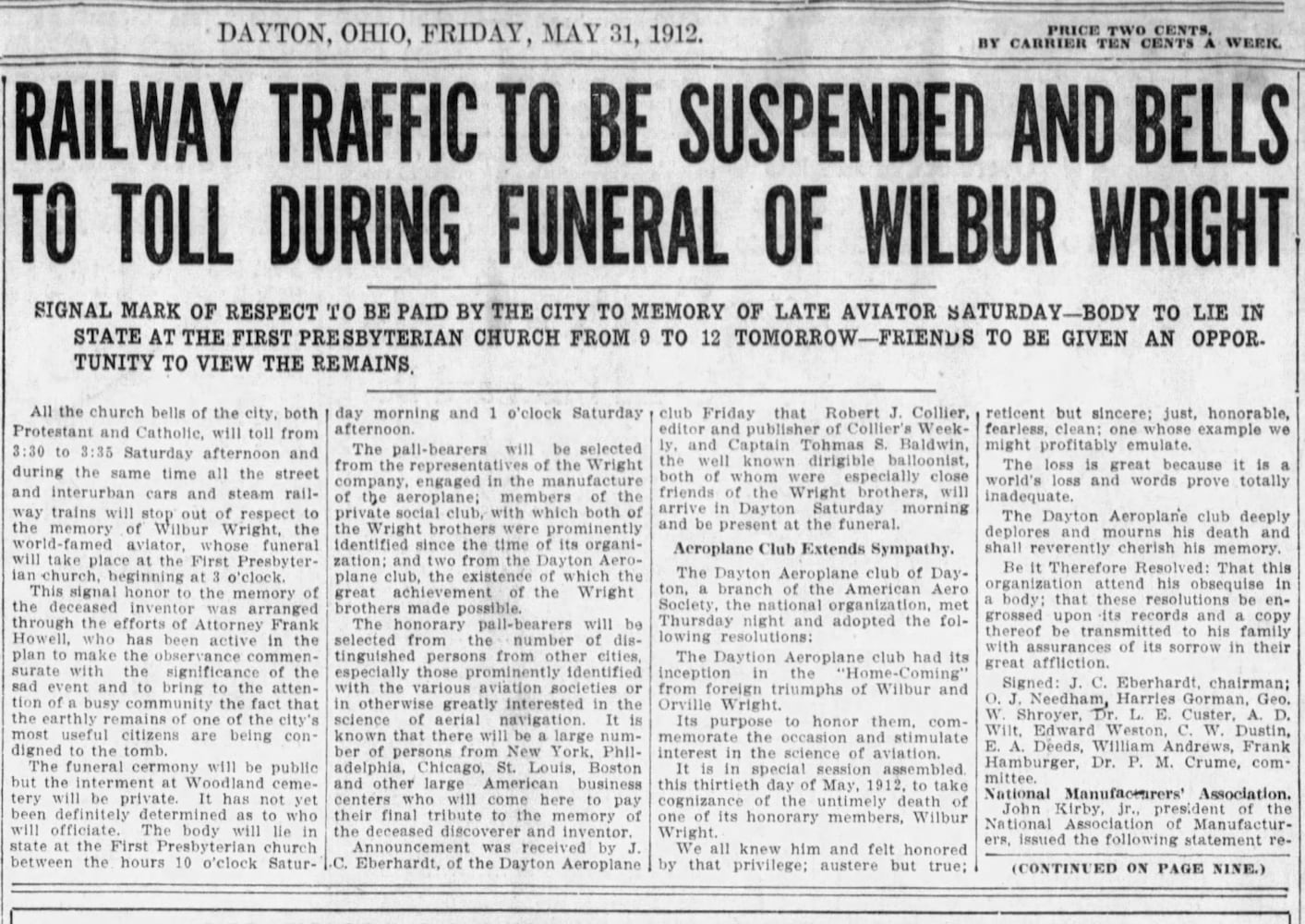 Wilbur Wright death pages