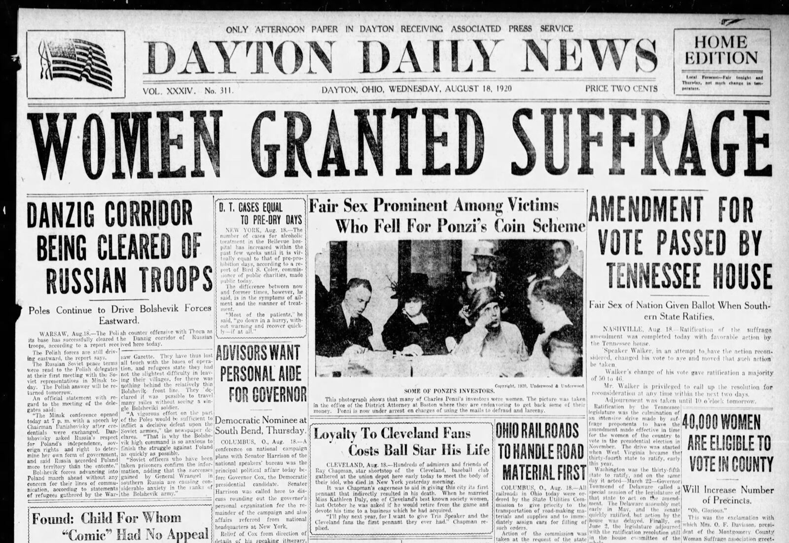 The front page of the Dayton Daily News on Aug. 18, 2020, announces women's right to vote.