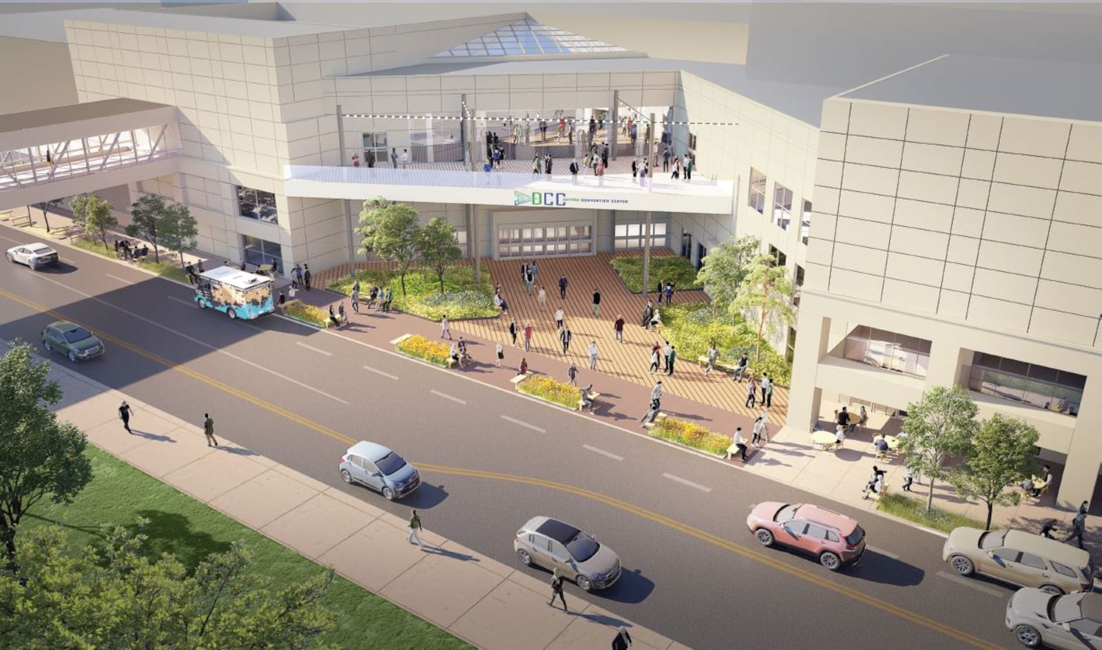 A conceptual rendering of a renovated Dayton Convention Center. The facility will have a terrace, green space and its signature metal structure out front will be removed. CONTRIBUTED