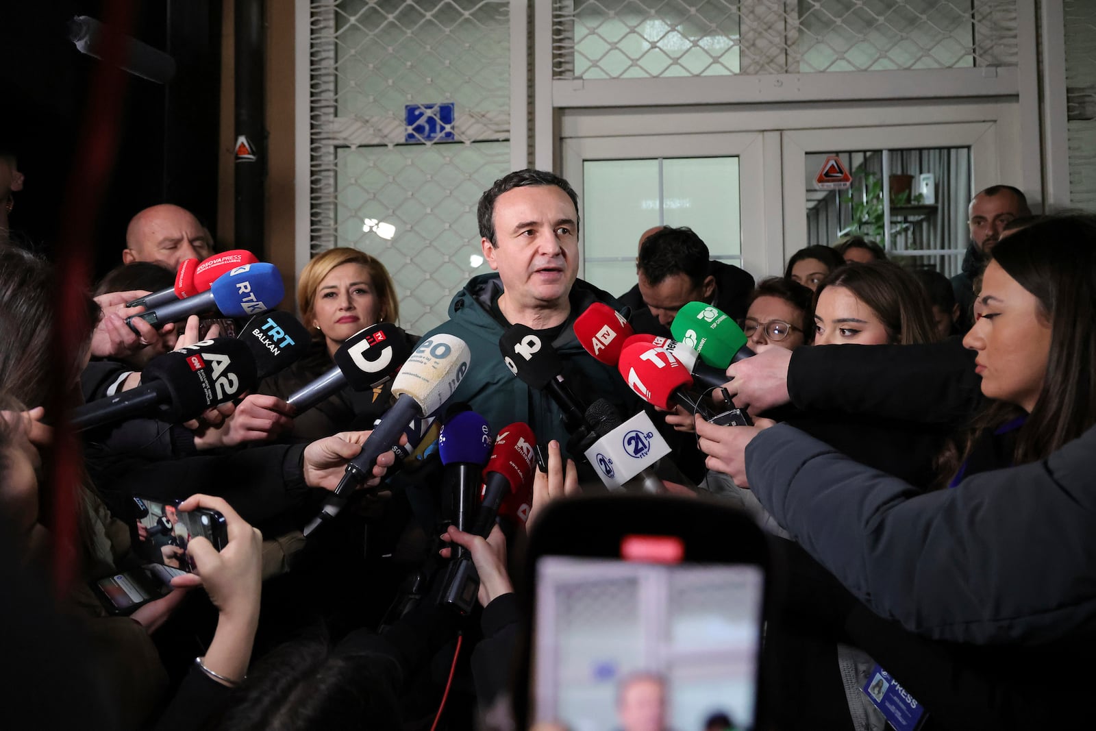 Albin Kurti, president of the left-wing Vetevendosje! party, makes statements following results of a parliamentary election, in Pristina, Kosovo, Sunday, Feb. 9, 2025. (AP Photo/Vlasov Sulaj)