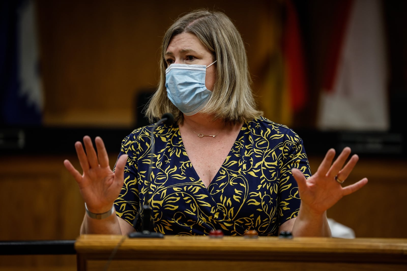 Dayton Mayor Nan Whaley talks about mask mandates for city employees with a possible vaccine mandate for city employees. Jim Noelker/Staff