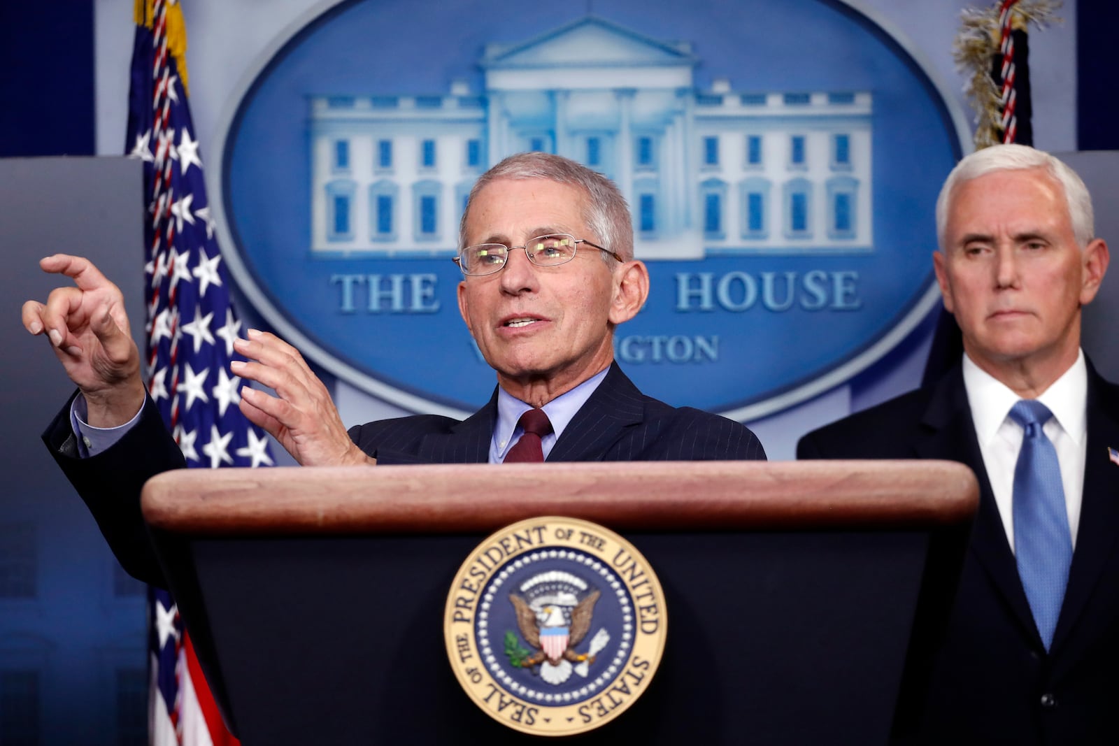 Dr. Anthony Fauci, director of the National Institute of Allergy and Infectious Diseases, speaks about the coronavirus in the James Brady Press Briefing Room of the White House, Tuesday, March 31, 2020, in Washington. (AP Photo/Alex Brandon)