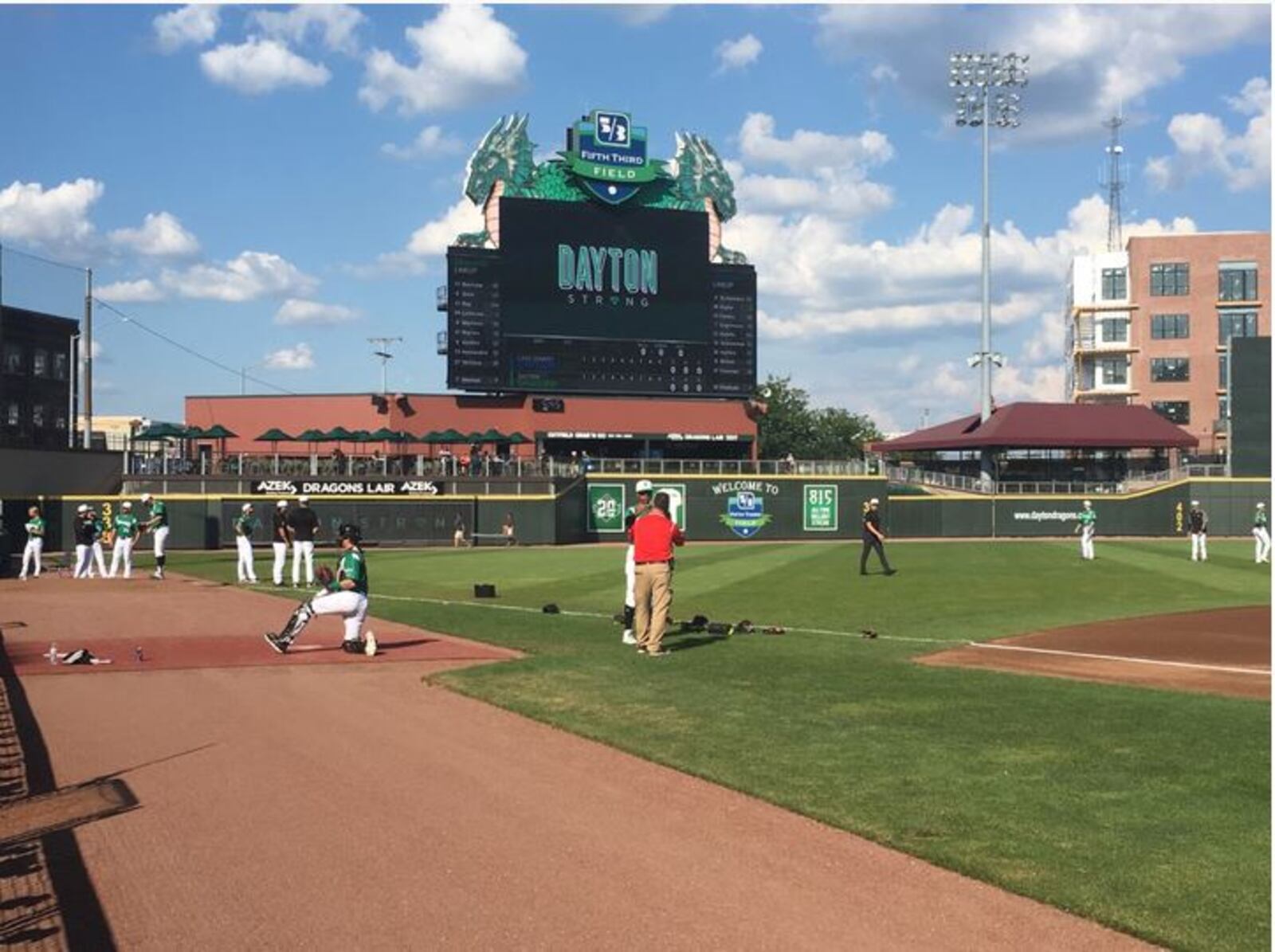 Fifth Third Stadium's scoreboard showed support for the city of Dayton in the aftermath of the shooting in the Oregon District. (James Rider/Staff)