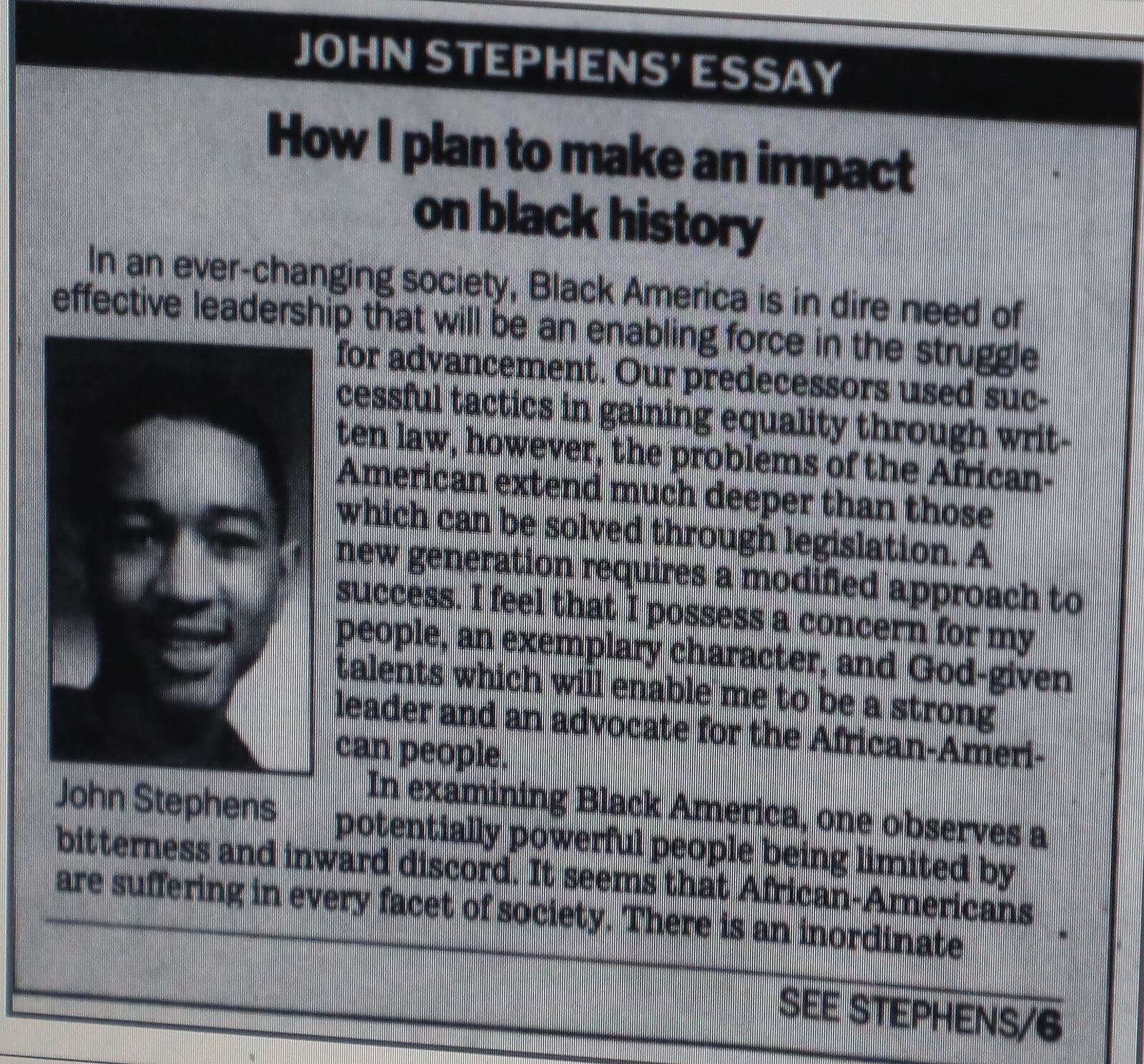 John Legend wrote in 1994 about the impact he planned to have on black history in this essay published in the Dayton Daily News when he was still known as John Stephens. BILL LACKEY/STAFF