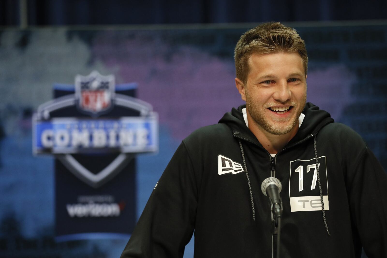 Dayton tight end Adam Trautman speaks during a press conference at the NFL football scouting combine in Indianapolis, Tuesday, Feb. 25, 2020. (AP Photo/Charlie Neibergall)