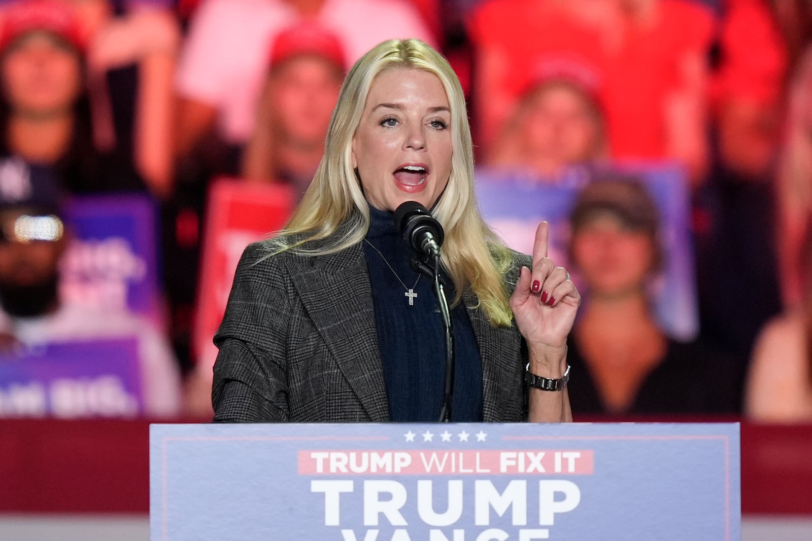 FILE - Former Florida Attorney General Pam Bondi, speaks before Republican presidential nominee former President Donald Trump at a campaign rally at First Horizon Coliseum, Nov. 2, 2024, in Greensboro, NC. (AP Photo/Alex Brandon, File)