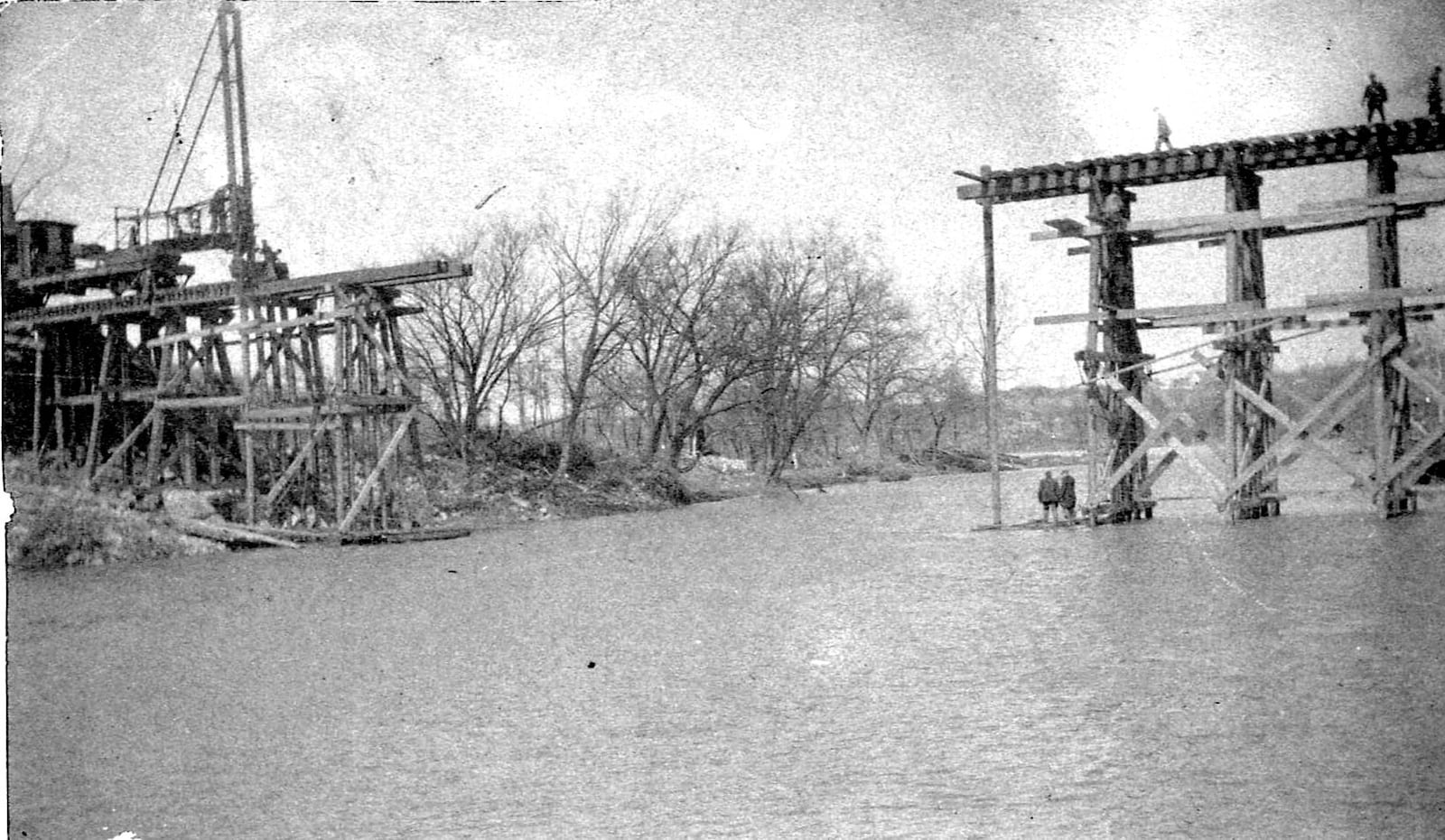 This bridge over the Mad River near Springfield was damaged during the March 1913 flood that devastated the Miami Valley. Courtesy of Clark County Historical Society