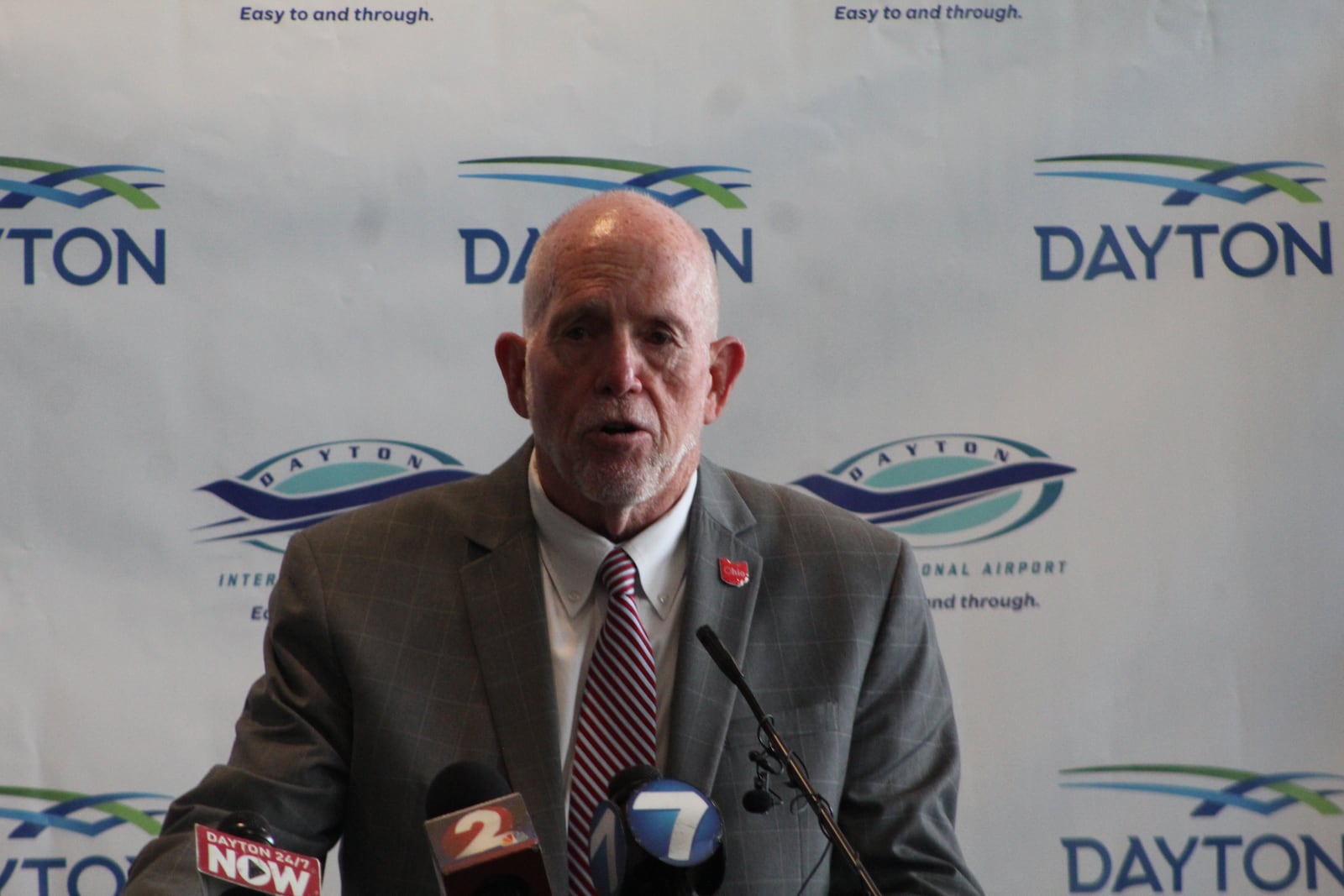 Terry Slaybaugh, vice president of sites and infrastructure with JobsOhio, speaks at a press conference last fall announcing that Avelo Airlines was starting a new service out of Dayton to Orlando, Florida. CORNELIUS FROLIK / STAFF