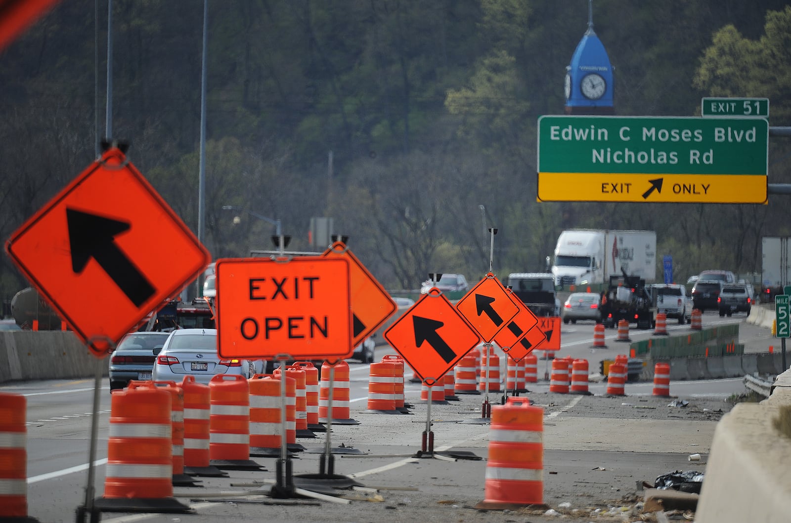 Construction continues on the Interstate 75 overpass over Edwin C Moses Blvd. The overpass is part of  the 2021 ODOT Construction Season Kickoff Tuesday. MARSHALL GORBY\STAFF