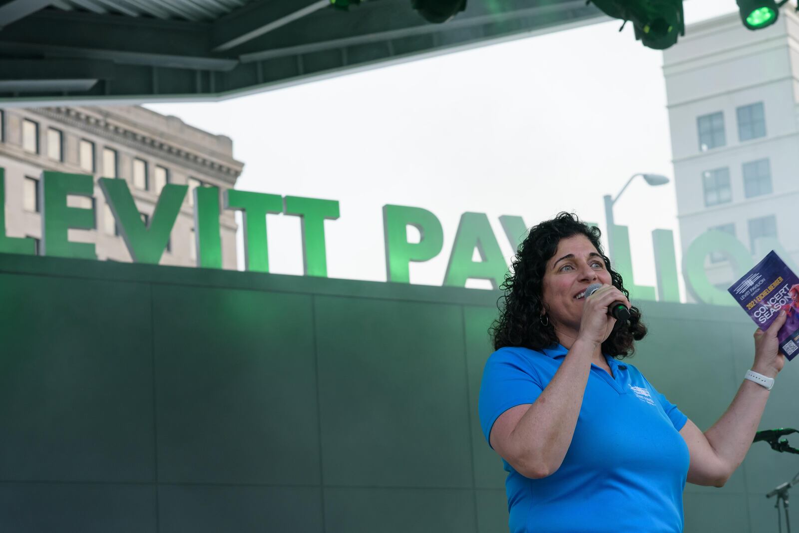 Lisa Wagner welcomes the audience to Levitt Pavilion as New Orleans based vocalist and trumpeter Shamarr Allen and his band The Underdawgs kicked off the 2021 Eichelberger Concert Season. TOM GILLIAM / CONTRIBUTING PHOTOGRAPHER