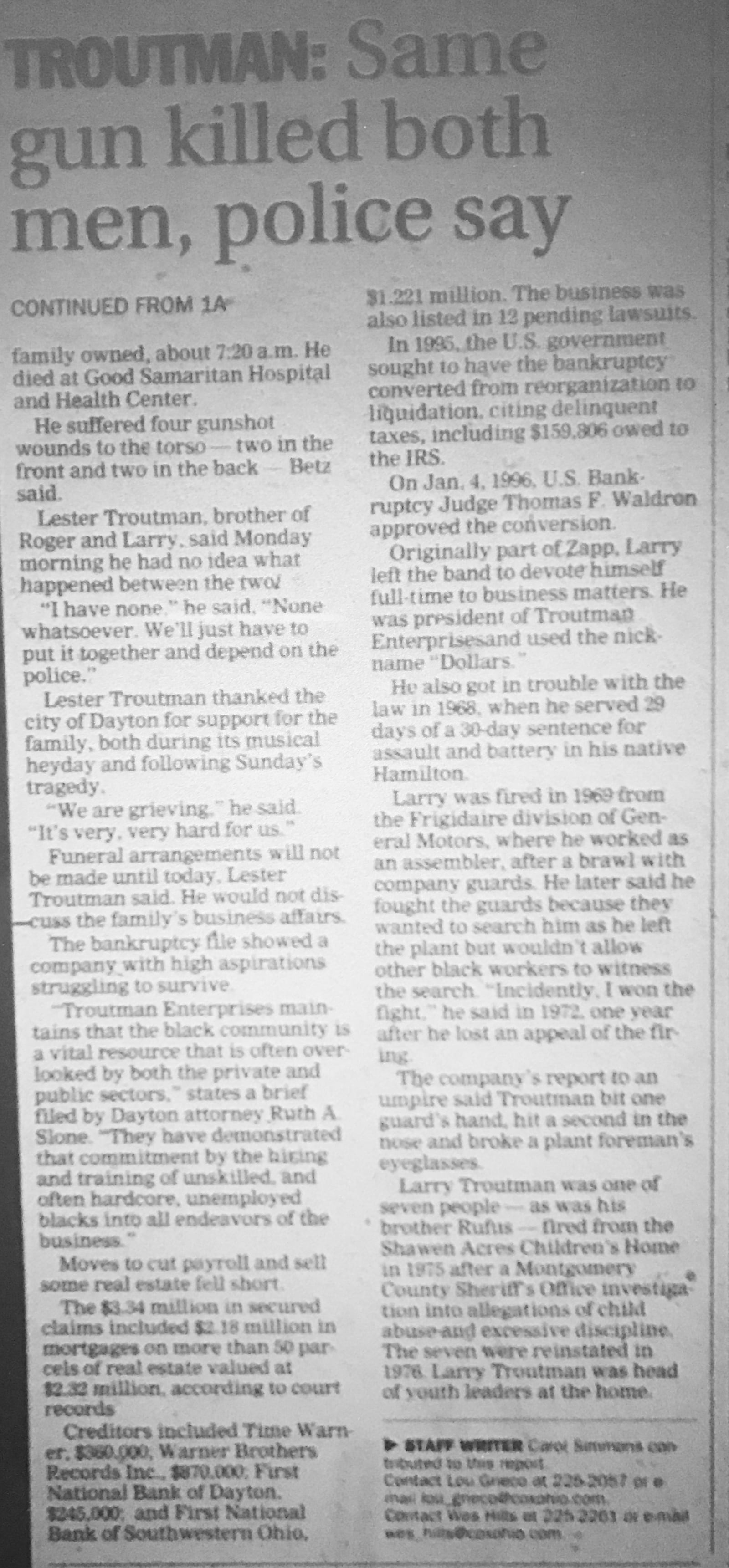 The death of Roger and Larry Troutman in a  murder-suicide made headlines in the Dayton Daily News in 1999. Source: Dayton Daily News archives