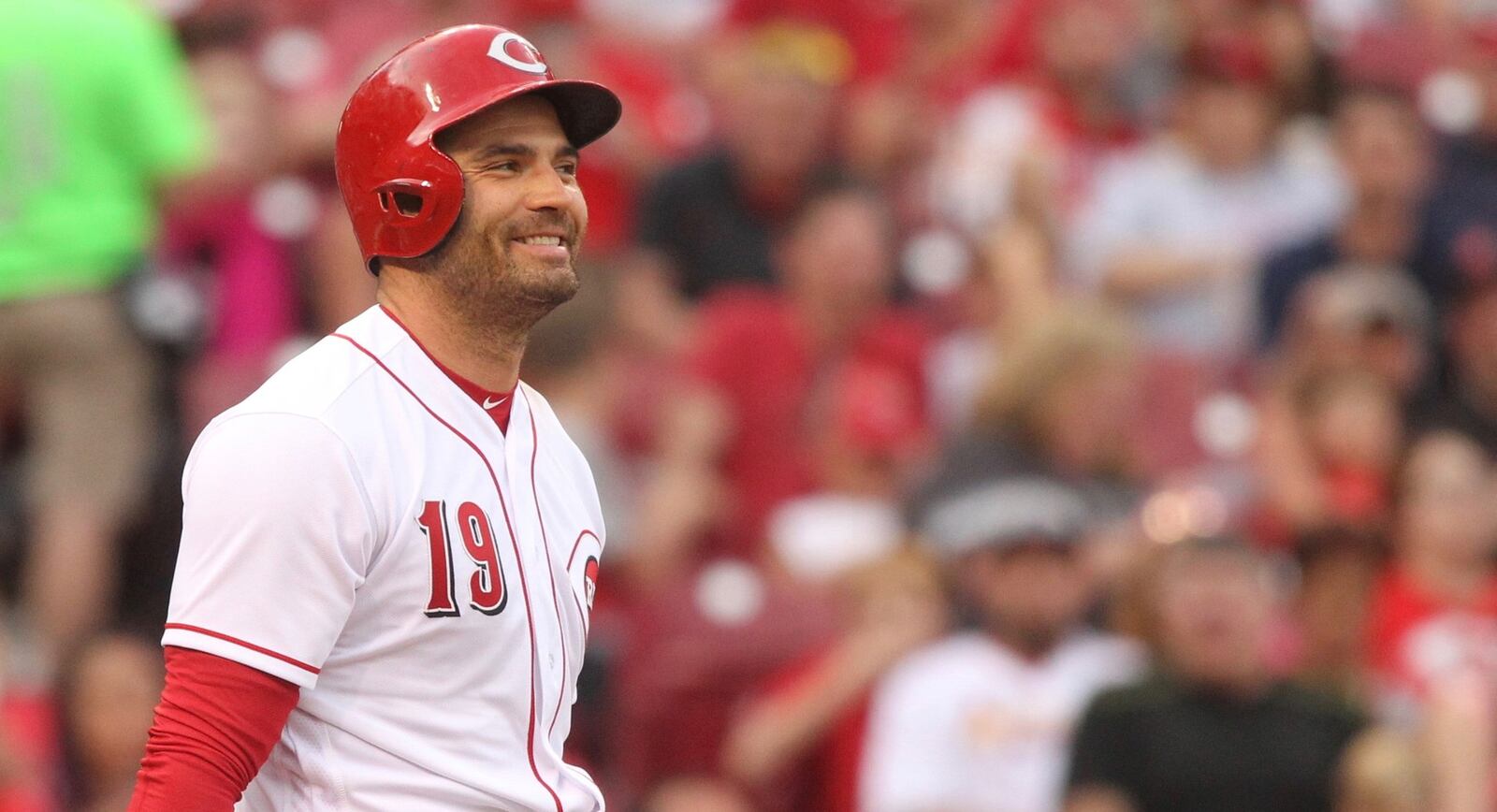 The Reds’ Joey Votto smiles after striking out against the Cardinals on Monday, June 5, 2017, at Great American Ball Park in Cincinnati. David Jablonski/Staff