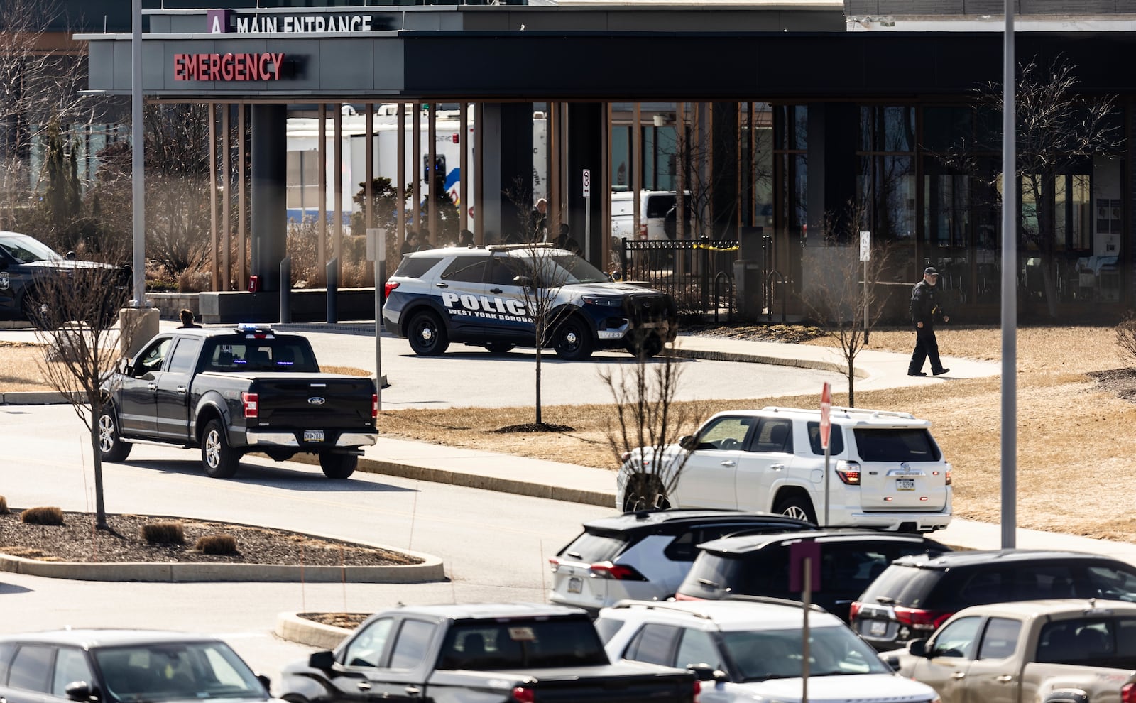 Law enforcement respond to the scene of a shooting at UPMC Memorial Hospital in York, Pa. on Saturday, Feb. 22, 2025. (Sean Simmers /The Patriot-News via AP)