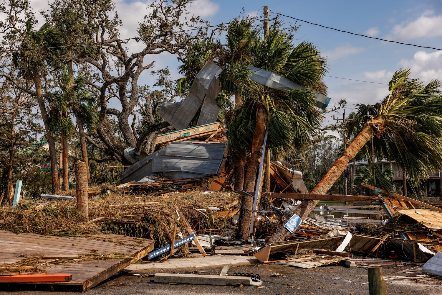 Debris from a destroyed building after Hurricane Helene in Steinhatchee, Fla., on Friday, Sept. 27, 2024. (Scott McIntyre/The New York Times)