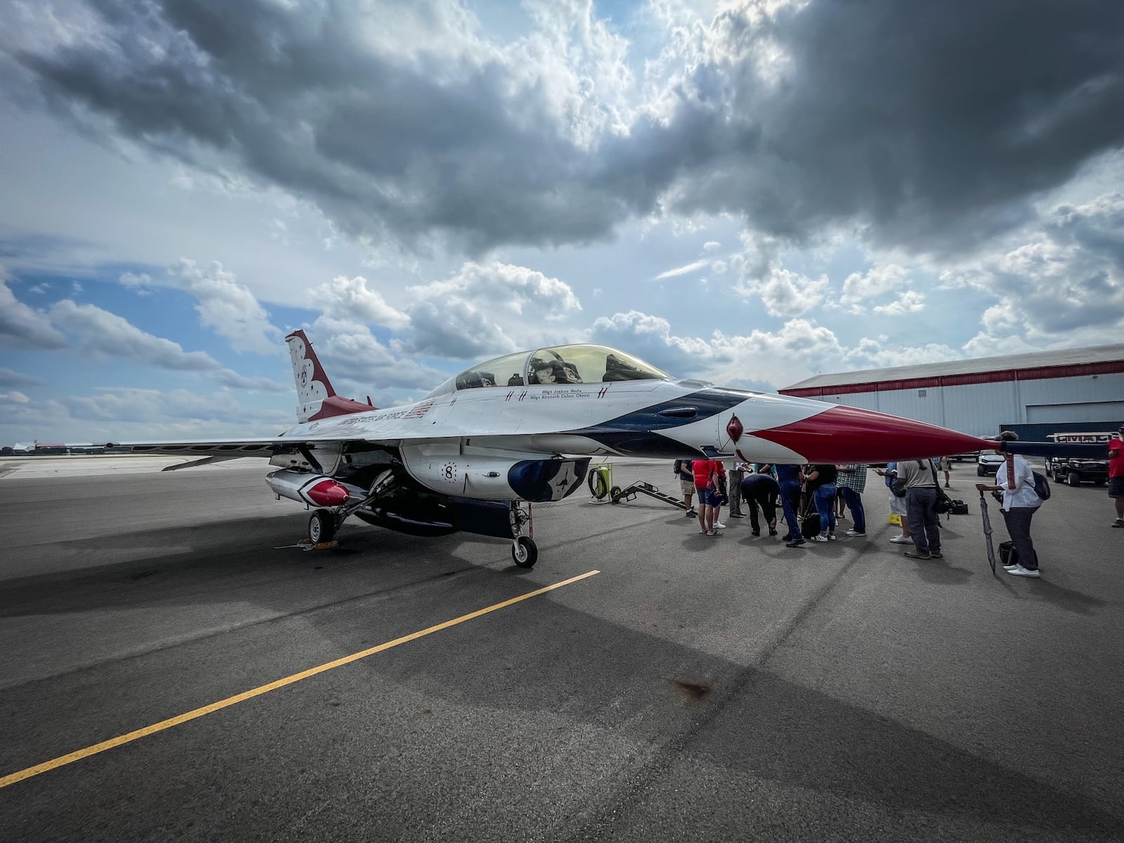 Major Jeff Downie an Thunderbirds pilot, talks to media in preparation to the 2023 Dayton Air Show this weekend. Jim Noelker/Staff