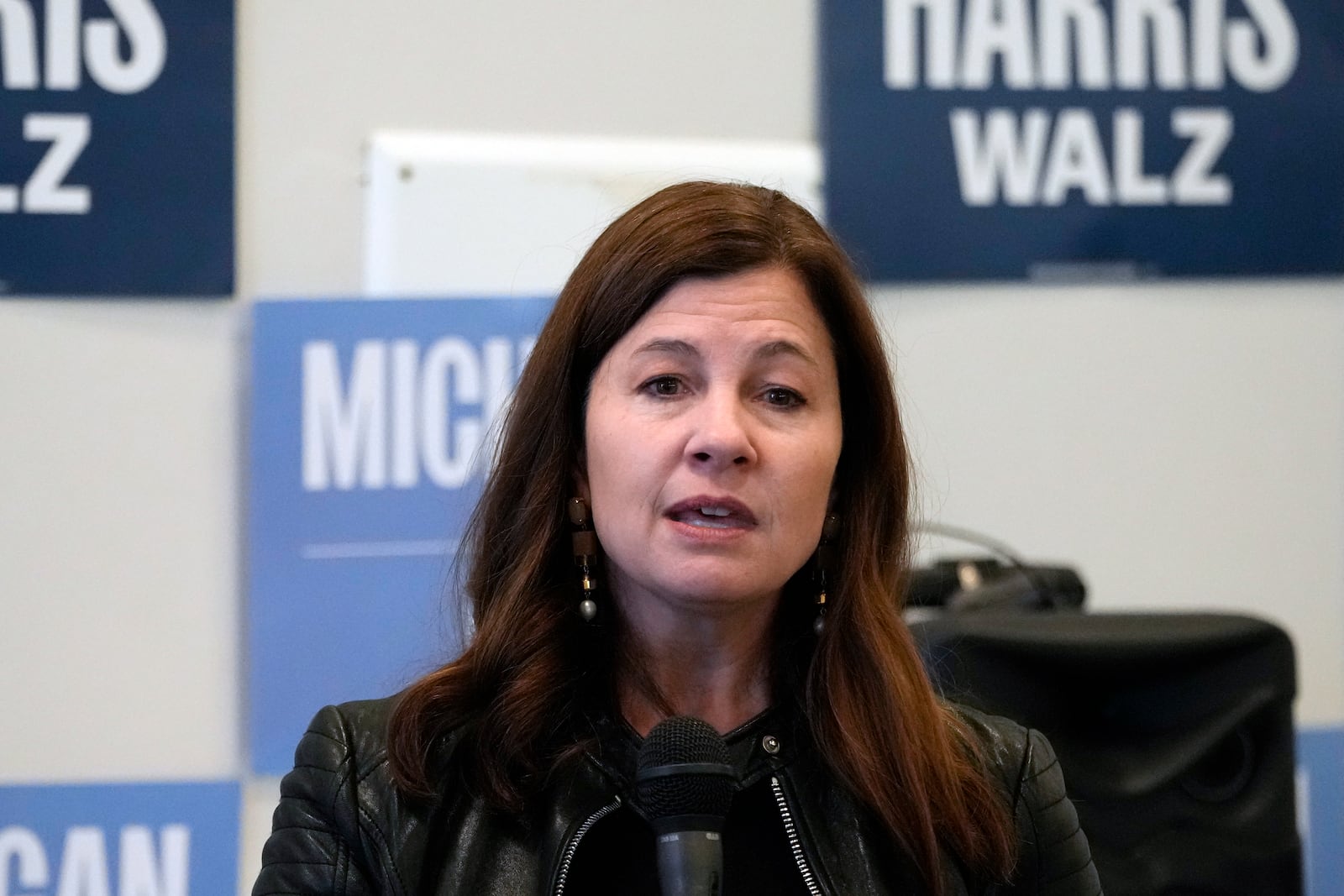 FILE - Kristen McDonald Rivet speaks during a campaign event Oct. 17, 2024, in Flint, Mich. (AP Photo/Carlos Osorio, File)