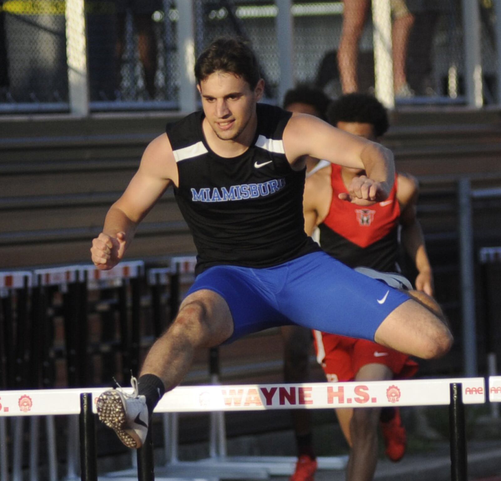 Miamisburg senior Colin Dillon won the 300-meter hurdles during the D-I regional track and field meet at Wayne High School on Friday, May 24, 2019. MARC PENDLETON / STAFF