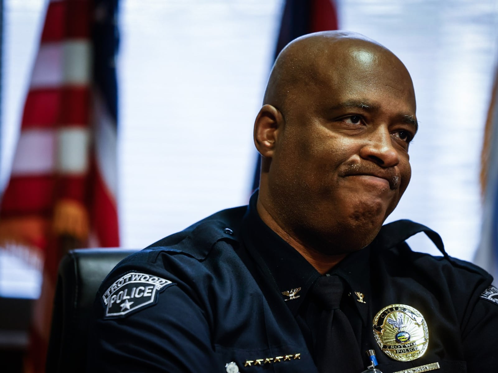 Trotwood police chief Erik Wilson answers questions from local media during a press conference discussing "hooning" that happed last weekend in Trotwood and Dayton. The press conference was held by Trotwood mayor, Mary McDonald who shared ideas to combat reckless driving.  JIM NOELKER/STAFF