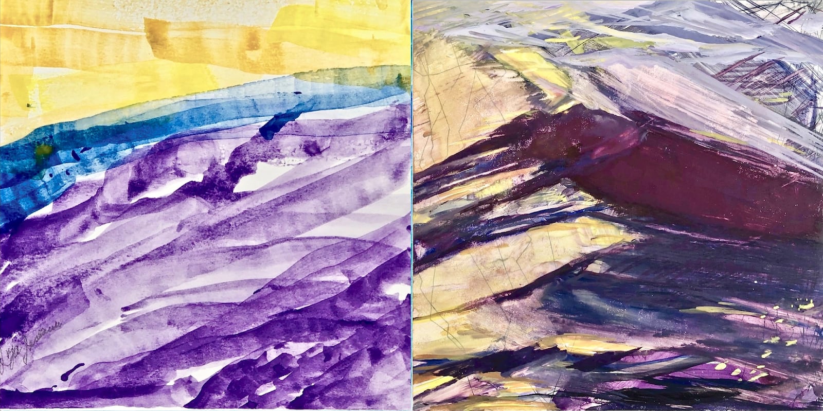 Joyce Reese, who resides at Brookdale Oakwood, said she likes to walk in the mountains. Her painting on the left, “Purple Mountain,” is paired with a watercolor by professional artist Gretchen Jacobs. CONTRIBUTED