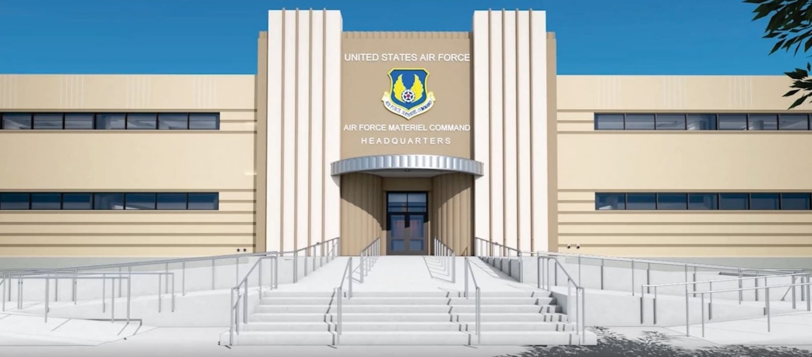 The east entrance of the Air Force Materiel Command headquarters building will receive a modern upgrade, featuring an accessible entryway, as part of the ongoing building renovation process. (Air Force Materiel Command image.)