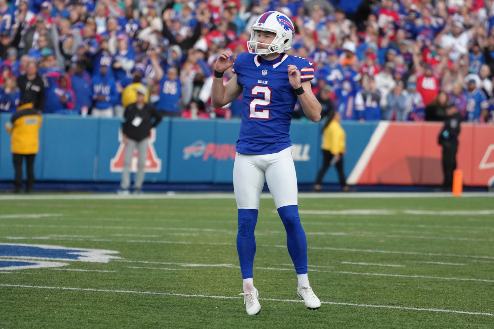 Buffalo Bills place kicker Tyler Bass (2) watches after kicking the game winning field goal during the second half of an NFL football game against the Miami Dolphins, Sunday, Nov. 3, 2024, in Orchard Park, N.Y. (AP Photo/Gene Puskar)