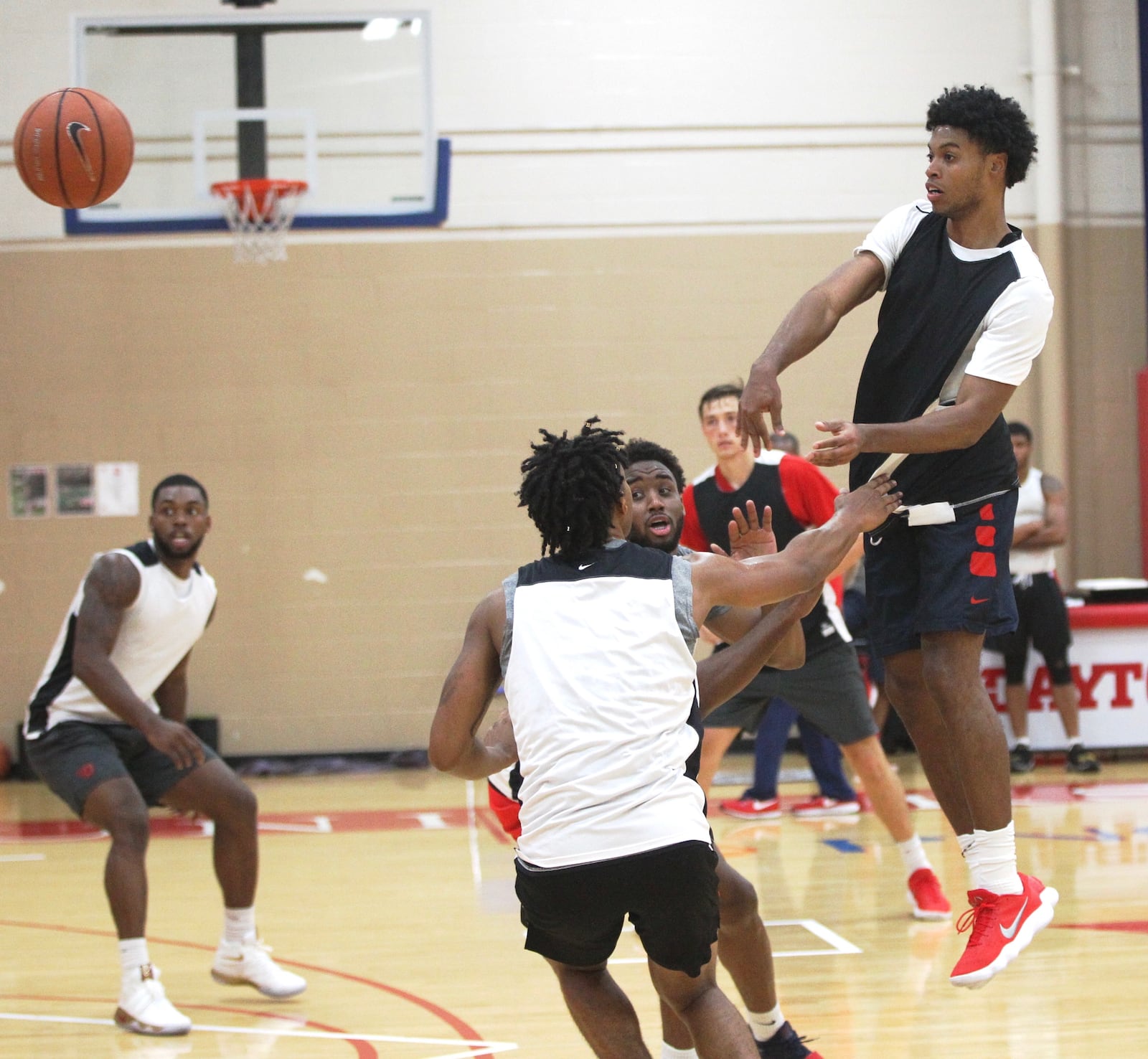 Dayton’s Jhery Matos makes a pass at practice at the Cronin Center on Tuesday, July 31, 2018, in Dayton. David Jablonski/Staff