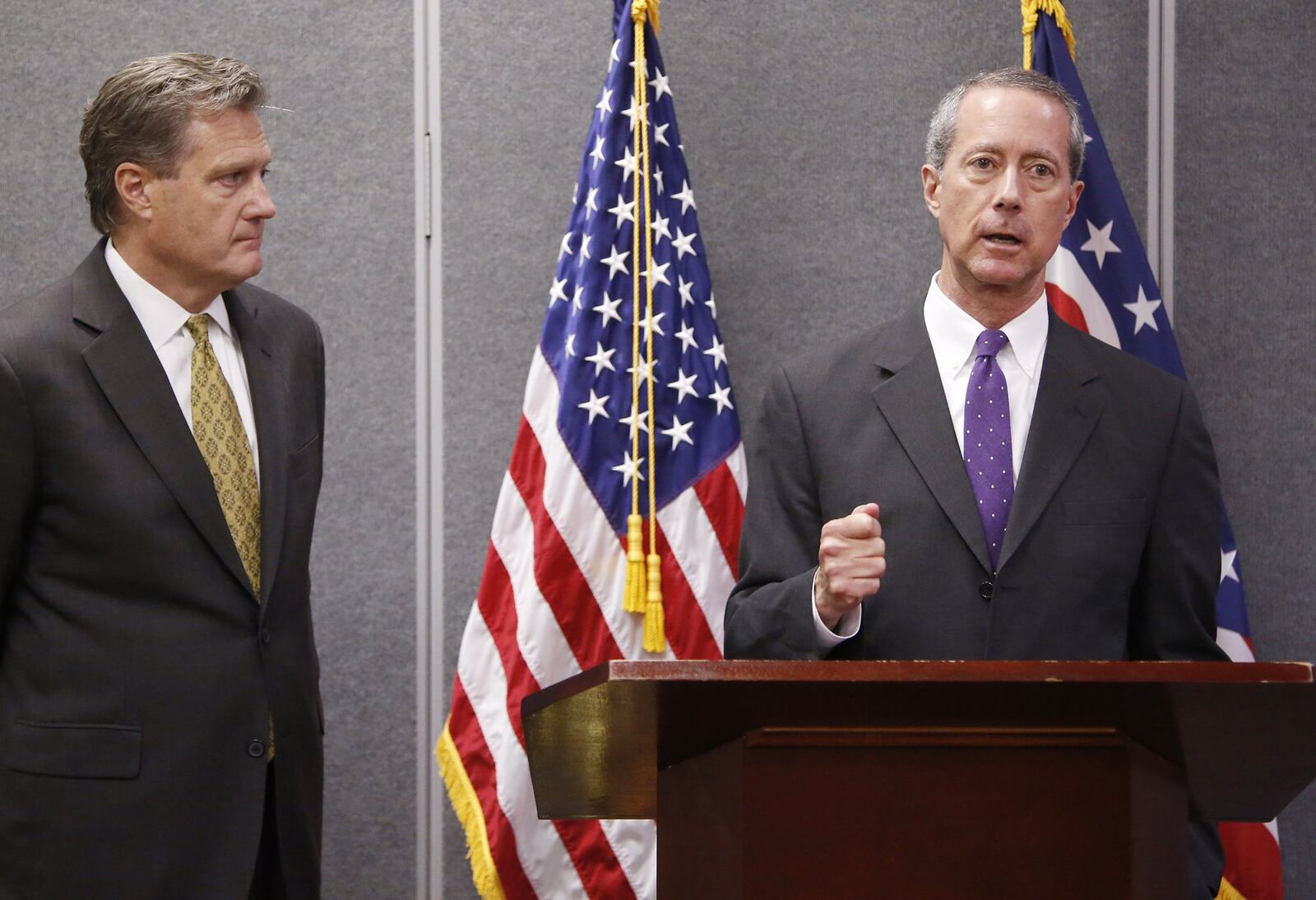 U.S. Rep. Mike Turner, R-Dayton, (left) and former, now ranking member of the House Armed Services Committee Chairman and U.S. Rep. Mac Thornberry, R-Texas, spoke after a tour of Wright-Patterson Air Force Base on Monday, October 23, 2017. TY GREENLEES / STAFF