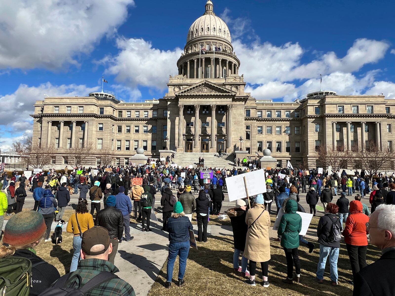 Several hundred people join a protest rally against President Trump outside the Idaho Statehouse on Wednesday, Feb. 5, 2025, in Boise, Idaho. (AP Photo/Rebecca Boone)