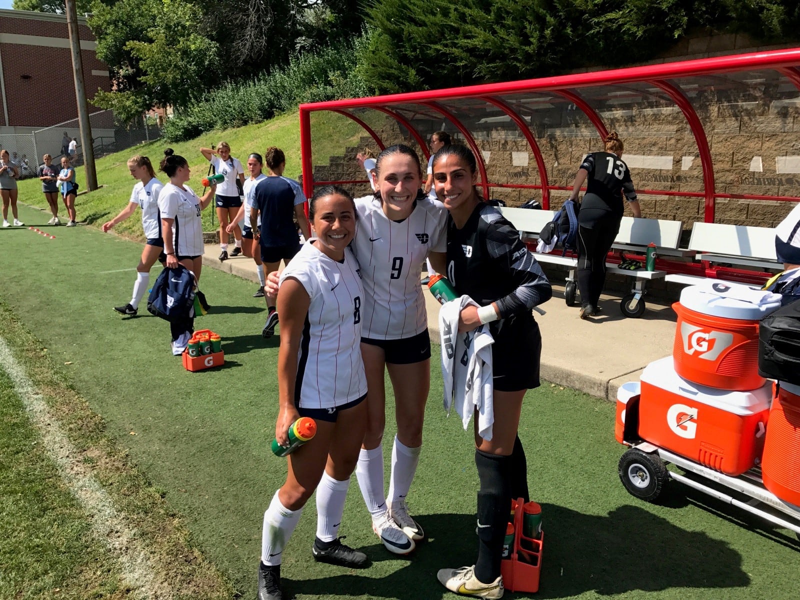 UD goalkeeper Batoul Reda (right) with two of her teammates, midfielder Diana Benigno  (left) and defender Ella Raimondi (center), following Sundays’ 0-0 tie with Illinois at Baujan Field. Tom Archdeacon/CONTRIBUTED