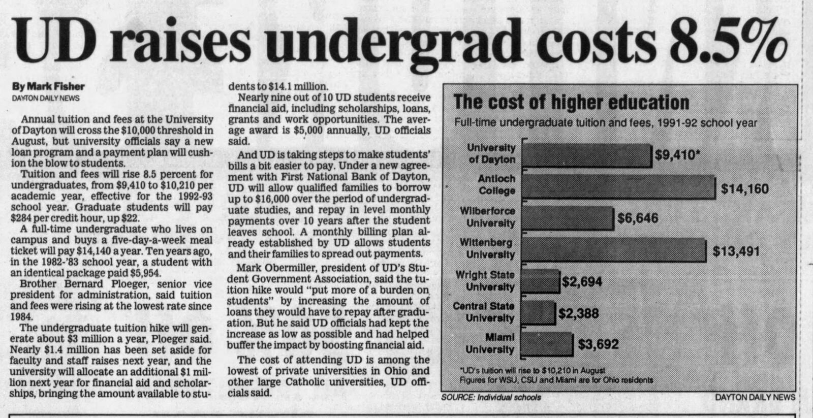 Jan. 18, 1992 - UD raises undergrad costs 8.5%. DAYTON DAILY NEWS ARCHIVES