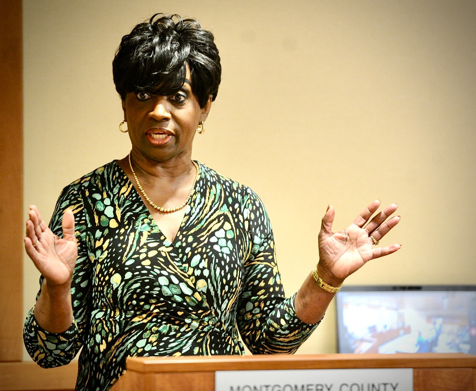 Mary McDonald, former Trotwood mayor and now a Republican primary candidate for Montgomery County Commission, addresses the county board of elections on Feb. 27, 2024. MARSHALL GORBY\STAFF