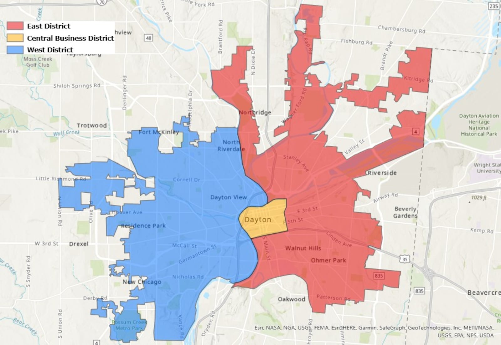 The city of Dayton is divided into three police districts. They are the east district, the west district and the central business district. CONTRIBUTED