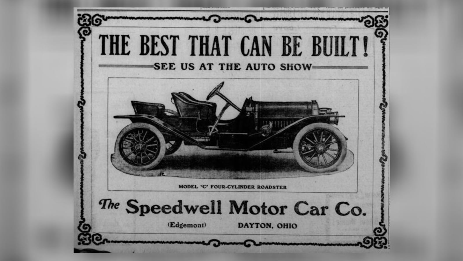 Speedwell Motor Car Co. advertisement from the Dayton Herald, 1908.