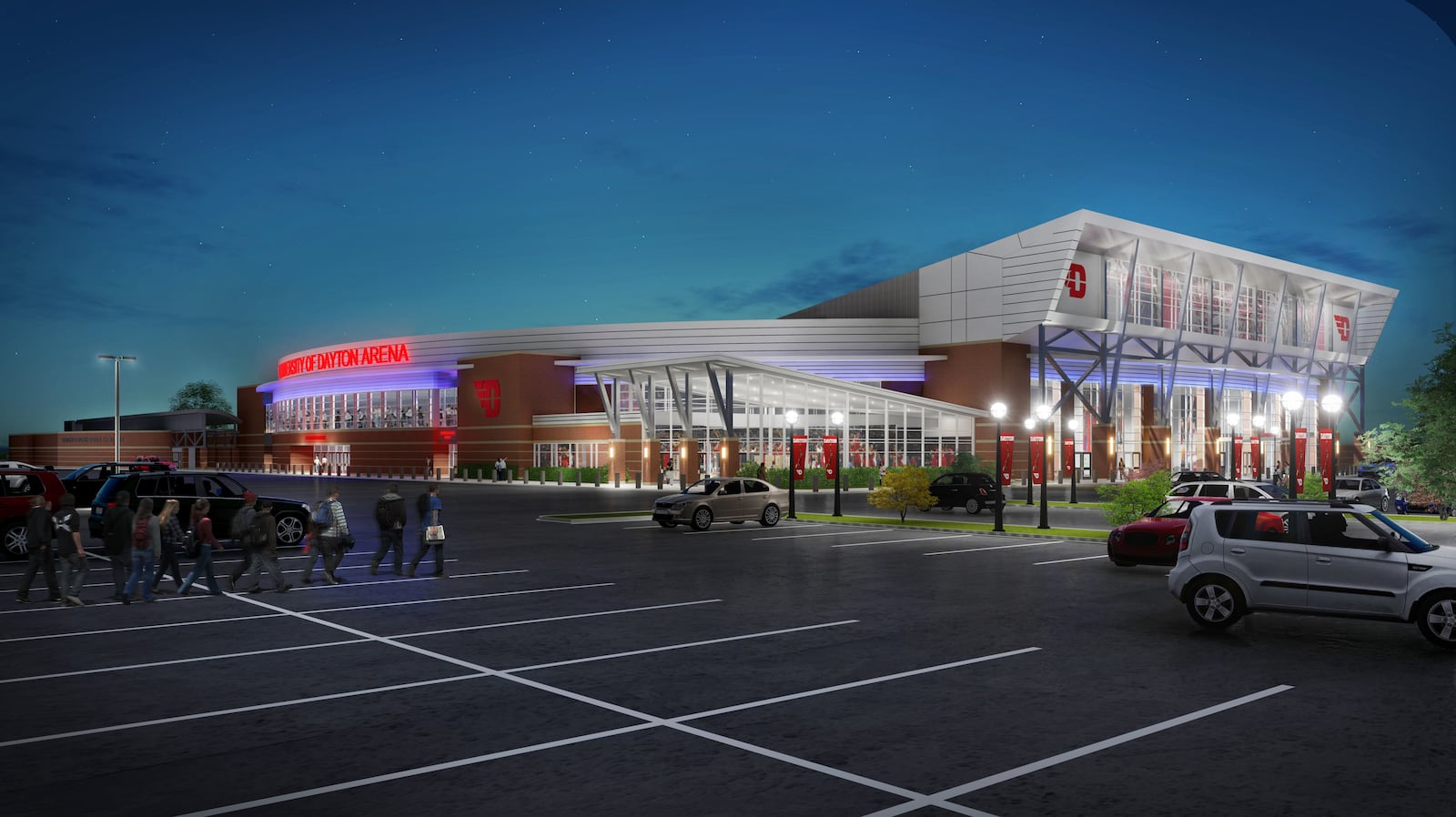 Renderings of proposed renovations to UD Arena. The $72 million in renovations will feature new premier seating, an expanded concourse and changes to the building’s exterior. CONTRIBUTED