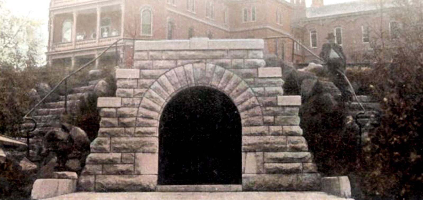 Exit from the funeral tunnel at the National Home for Disabled Volunteer Soldiers in Dayton (Dayton VA) around 1890. The tunnel ran from basement morgue to the cemetery. DAYTON PUBLIC LIBRARY