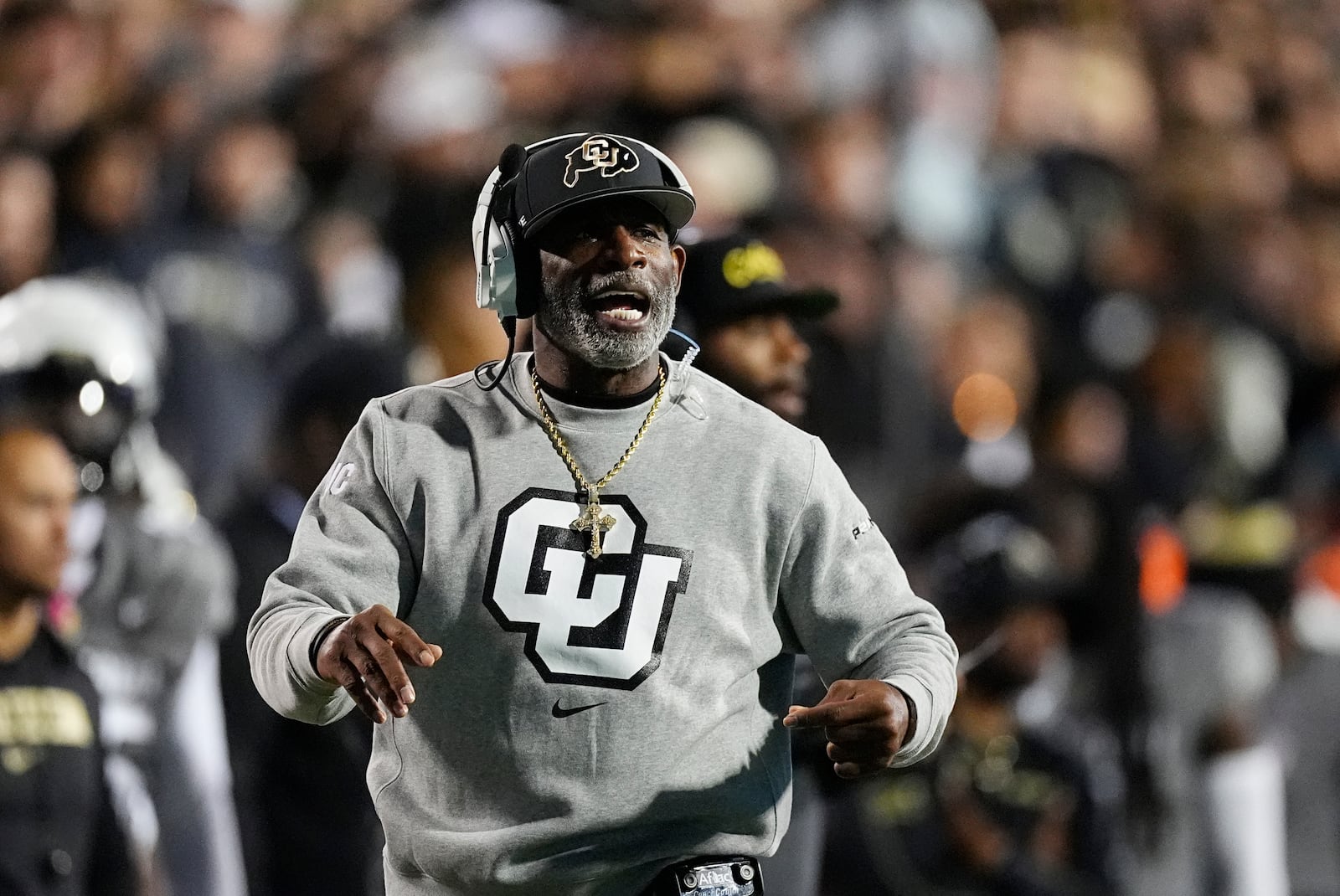 Colorado head coach Deion Sanders directs his team against Cincinnati in the first half of an NCAA college football game Saturday, Oct. 26, 2024, in Boulder, Colo. (AP Photo/David Zalubowski)