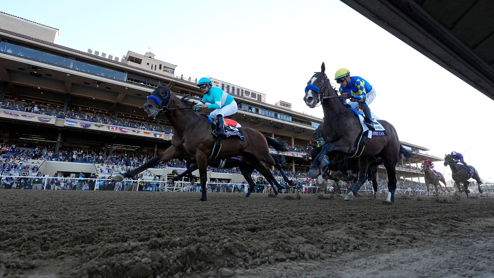 Martin Garcia rides Citizen Bull, left, to victory in the Breeders' Cup Juvenile horse race at Santa Anita Park in Del Mar, Calif., Friday, Nov. 1, 2024. (AP Photo/Gregory Bull)