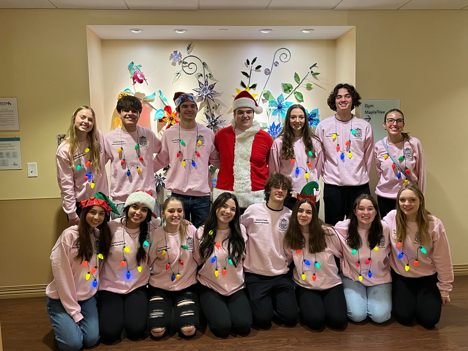 The Xenia High School leadership students dressed for the holidays as they prepared to deliver "Baskets for Battle" to Soil Medical Center. They are sometimes confused for carolers, so the students sang to the cancer patients as well. L-R Front row: Ali Haley, Houda Loukssi, Lizzie, Craig, Jocelyn Bohn, Dominic Evans, Cassidy Haines, Erin Kelly, Ella Vaught. Second Row: Sophia Robinson, Samuel Dameron, Dean Bogan, J.J. Miller, Gabby Winegarner, Cory Pham, Lily Mick